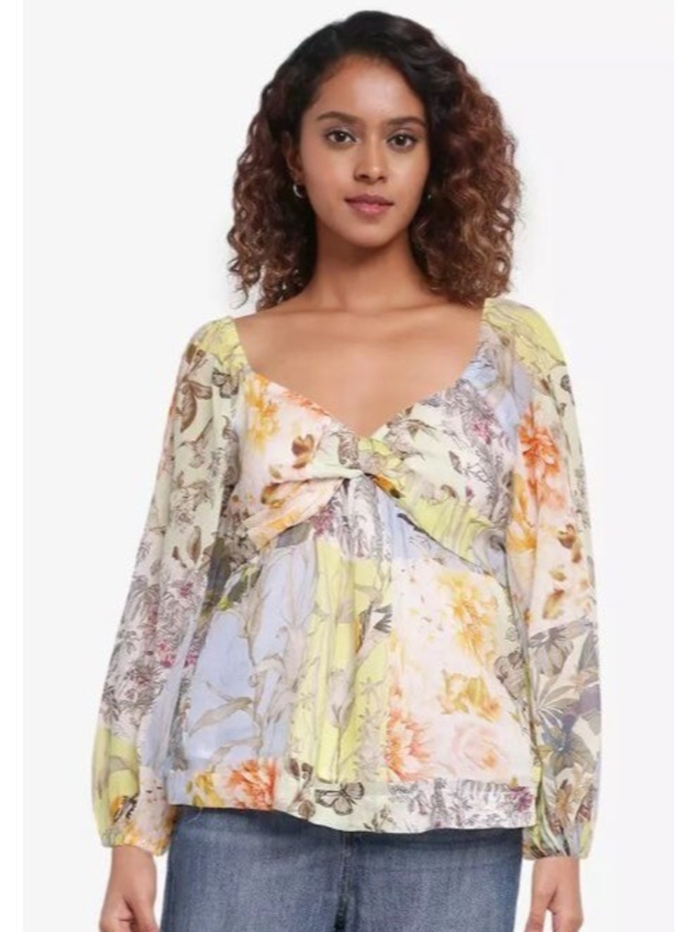 Banana Republic bird floral print ramie twist front ethereal whimsical blouse XS